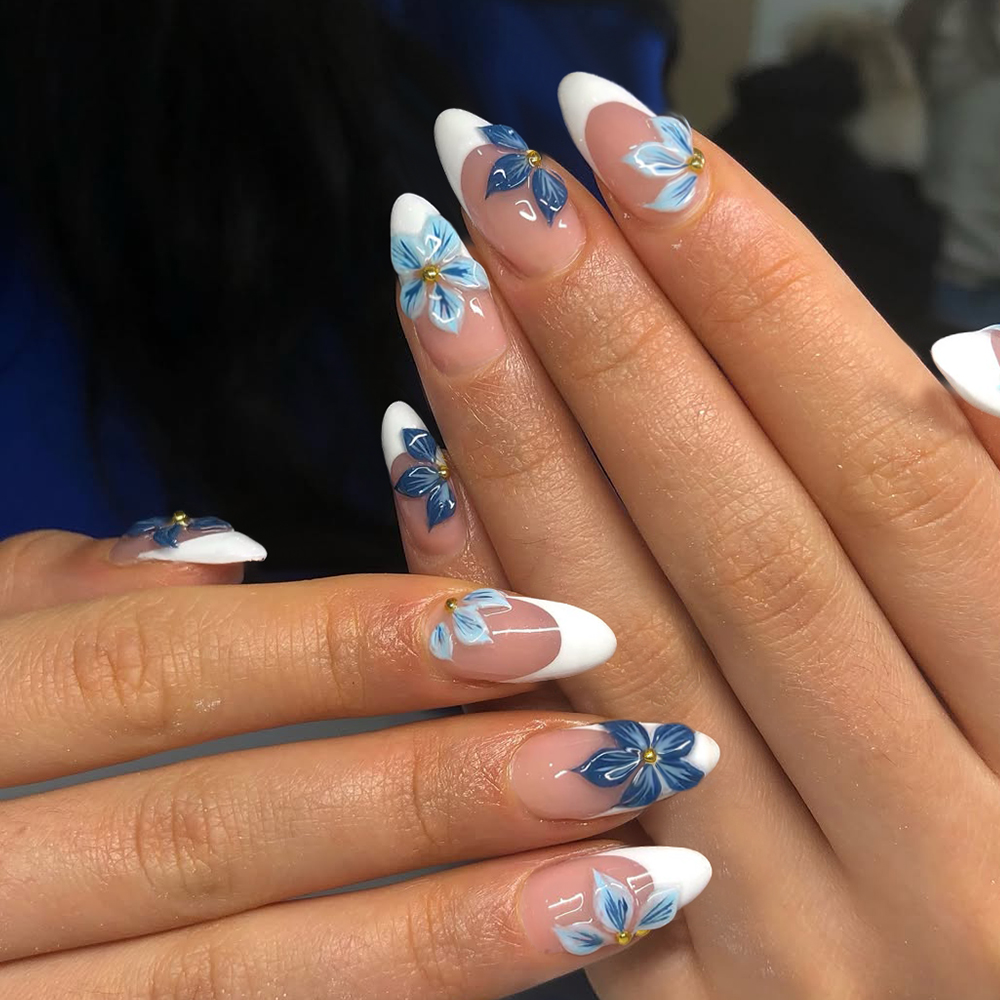 Nail Art Jelly - 24 Stück Mandel-3D-Gel-Blume, weiße französische Spitze,