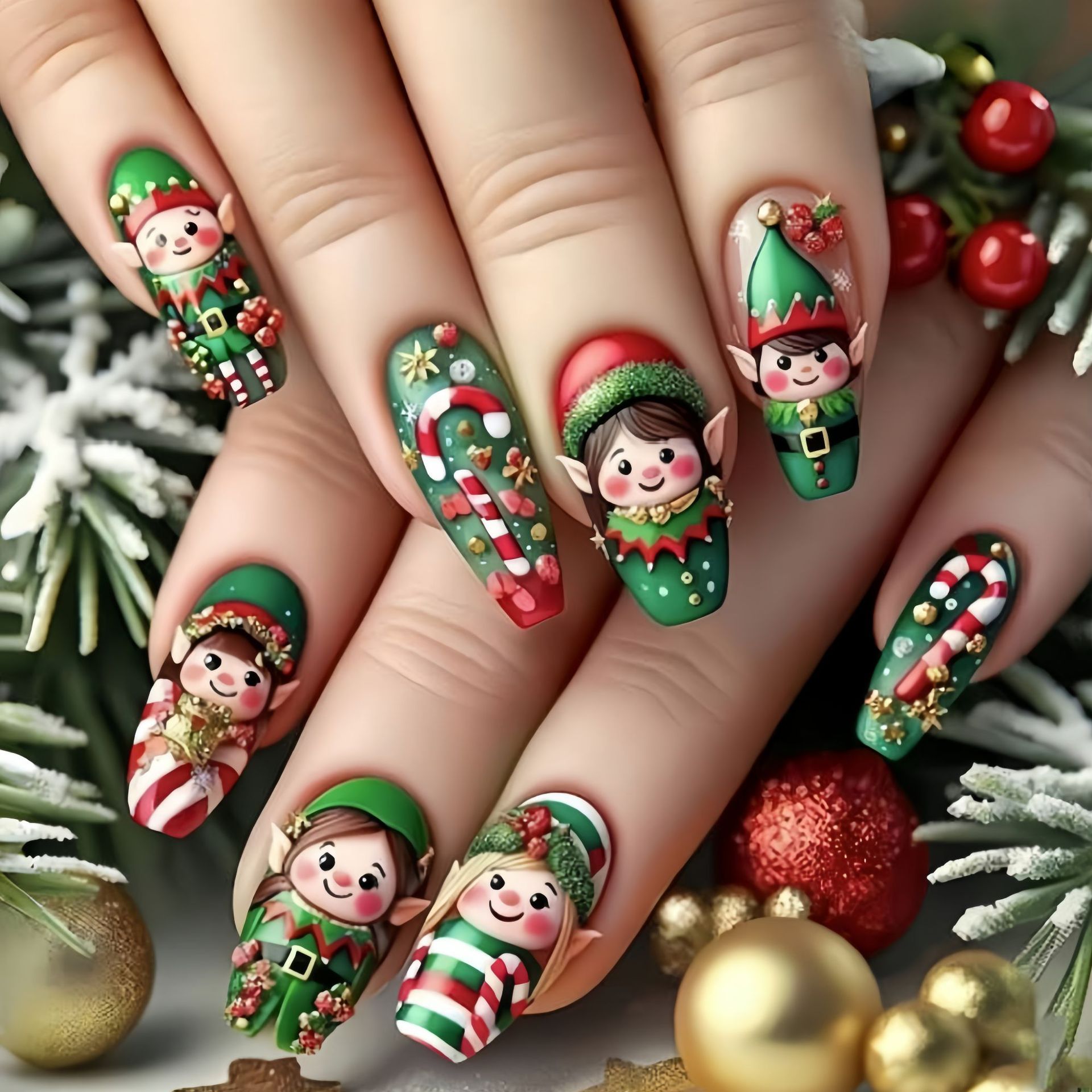 Nail Art Press On - Mittlere künstliche Nägel für die Weihnachtsfeier,