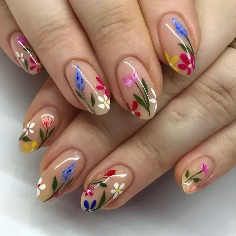 Nail Art Press On - 24 Stück einfache Mandel-Nägel-Spitzen, frisches buntes