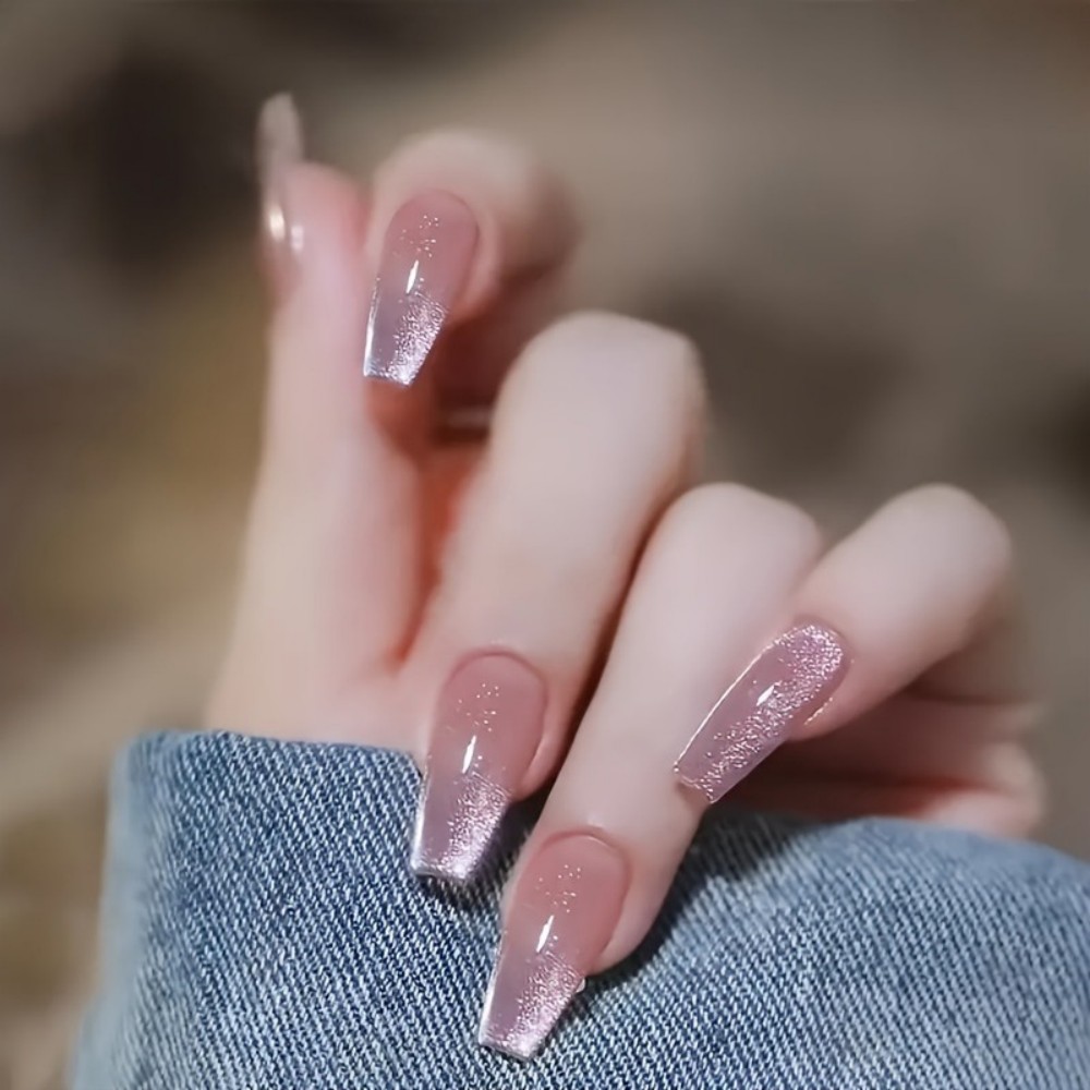 Nail Art Gliter - 24 Stück Funkelnde Rosa Glitzer-Katzenaugen-Design Lange