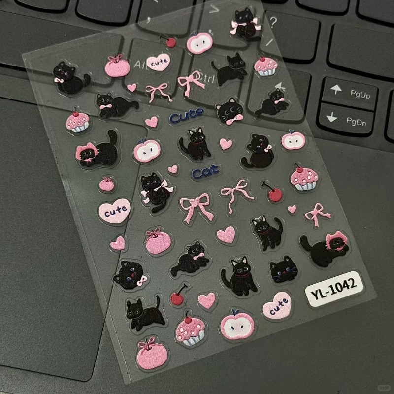 Nail Art Jelly - Niedlicher Cartoon-Schleifen-Schwarzkatzen-3D-Relief-Aufkleber, bezaubernde Mädchen-Kunst-Nagel-Kätzchen-Dekoration, DIY-Gelee-Aufkleber für